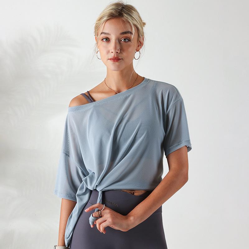 

Дышащий топ для йоги на одно плечо из ледяного шелка большого размера с ИИ - Женская футболка для фитнеса с коротким рукавом Medium синий