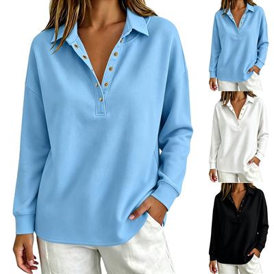 Women's Long Sleeve Pullover Sweatshirt V Neck Button Front Casual Loose Fit Top Lightweight Soft Fabric Comfortable Wear