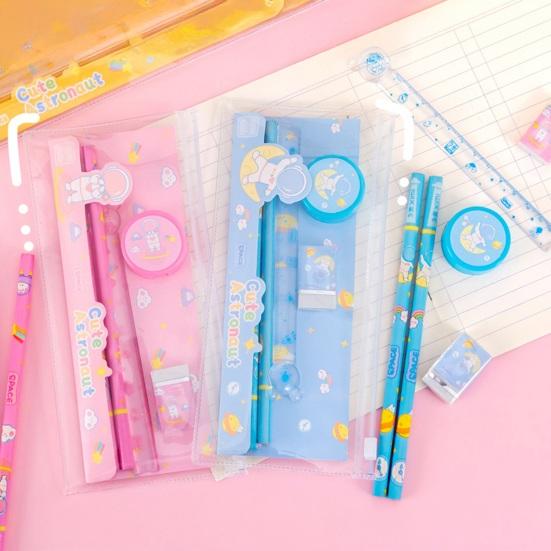 6Pcs/Set Kids Cartoon Stationery Set with 2 Pencils Eraser Sharpener Ruler Transparent Case Students School Supplies Classroom Prizes Gifts