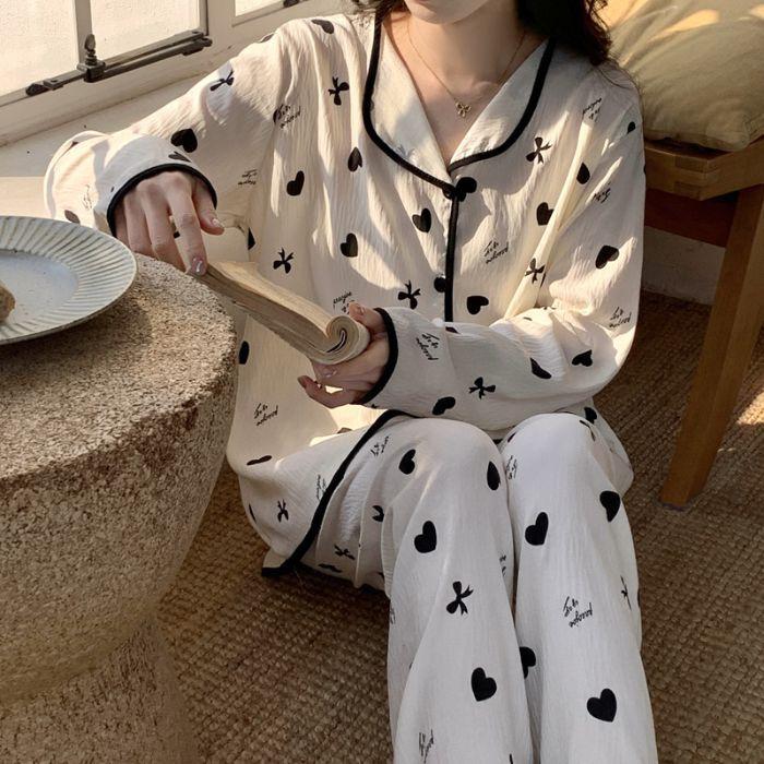 Spring and Autumn New Women's Pajamas Homewear Suit Girls Autumn and Winter Clouds Cotton Cardigan Cute Cartoon Homewear Suit