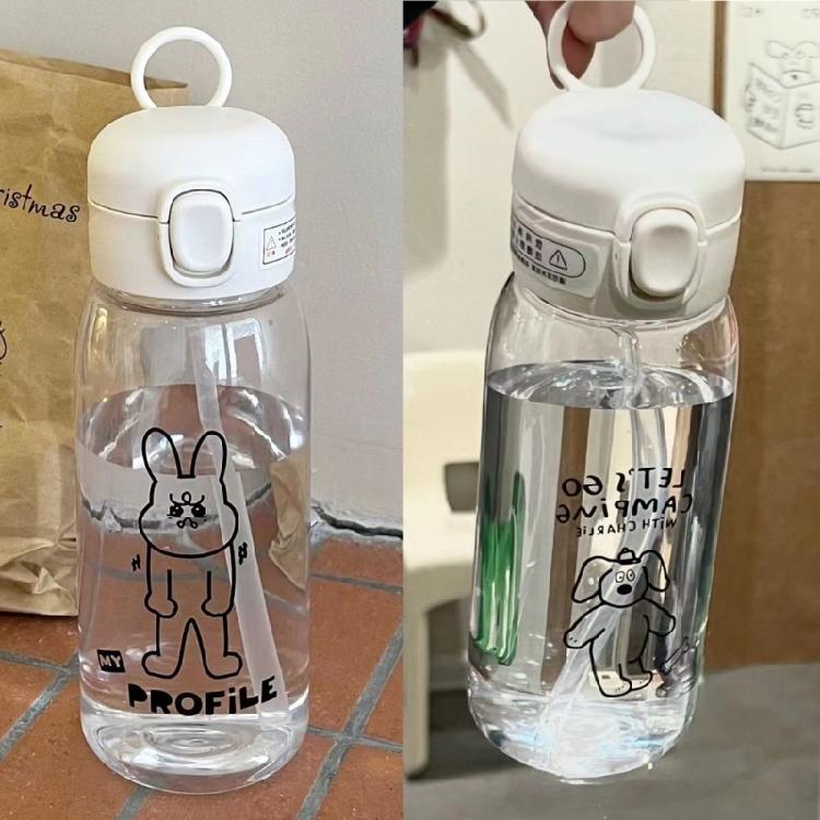 Portable Drop Resistant Hand Cup Water Bottles Clear Plastic Water Bottle with Straw Cartoon Water Cup for Gym School