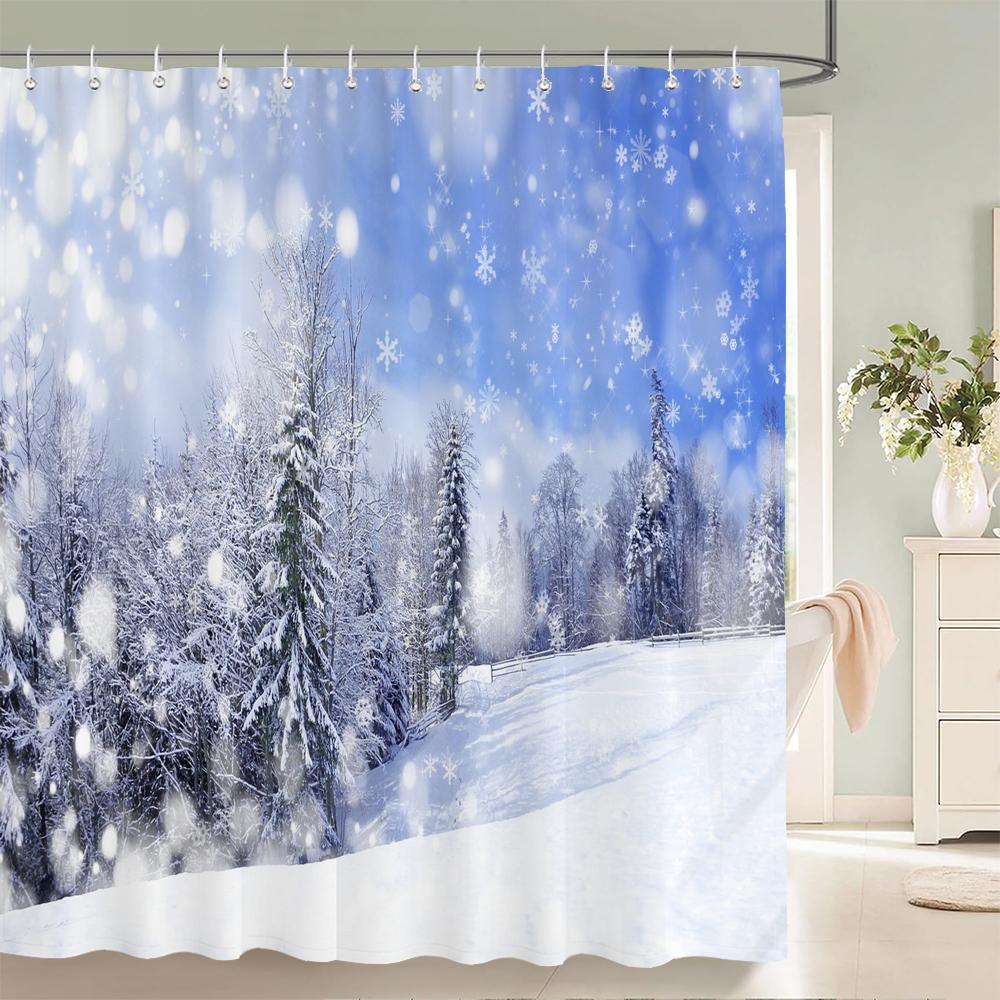 1 szt. Zimowy krajobraz Zasłona prysznicowa Scena śnieżna Drukowana Zasłona łazienkowa Tkanina poliestrowa Wodoodporna Zasłona do dekoracji domu
