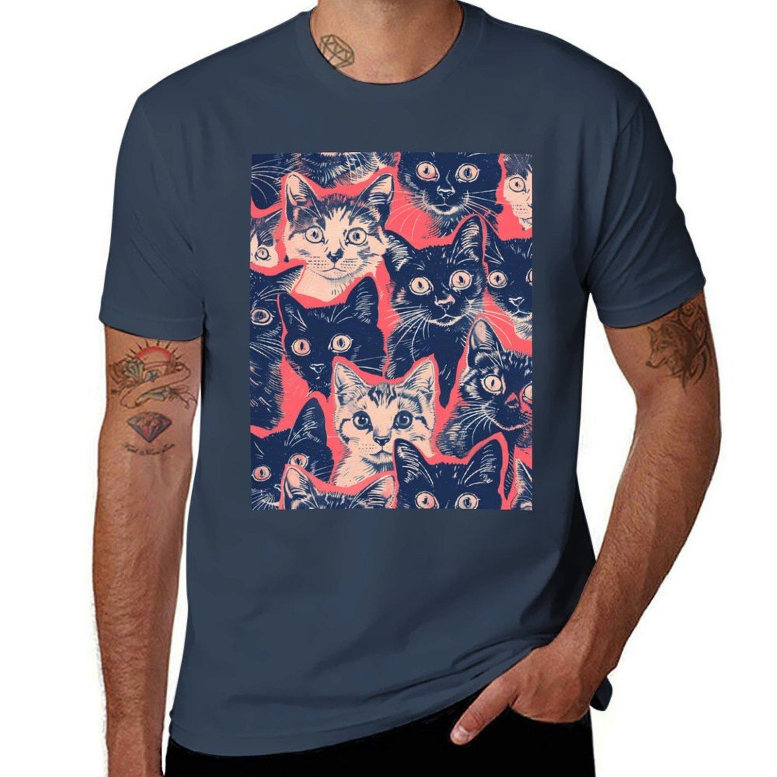 Adorable Vintage Graphic Cute Cat Pattern Art TShirt Basic Casual Wear Short Sleeve Top S