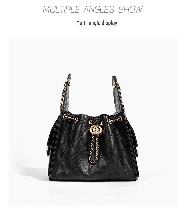 Caviar Hobo Drawstring Bucket Bag: Quilted Chain Shoulder Light Luxury Coco Style Suede