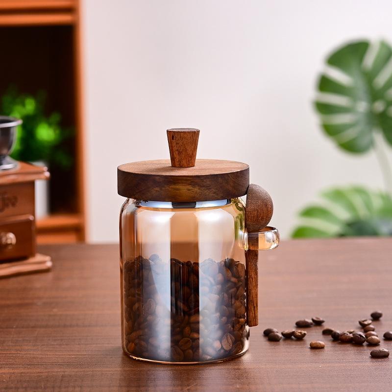 Creative Amber Coffee Bean Tea Storage Jar with Spoon Sealed Jar High Borosilicate Glass Sealed Bottle Wooden Lid Food Container