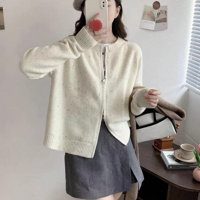 Double Zipper Autumn and Winter Knitted Cardigan Women's Lazy Soft Waxy Crew Neck Knitted Sweater New Long-sleeved Sweater Jacket Women