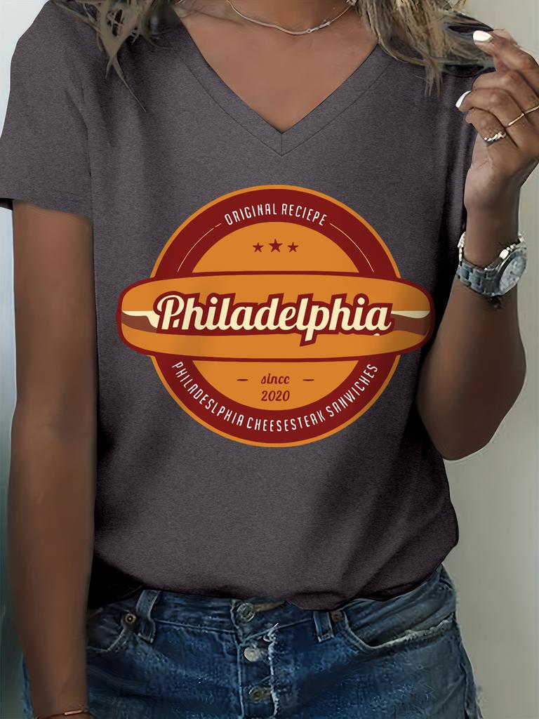 Philadelphia Cheesesteak Print V-Neck T-Shirt, Women's Retro Casual Food Graphic Short Sleeve Tee