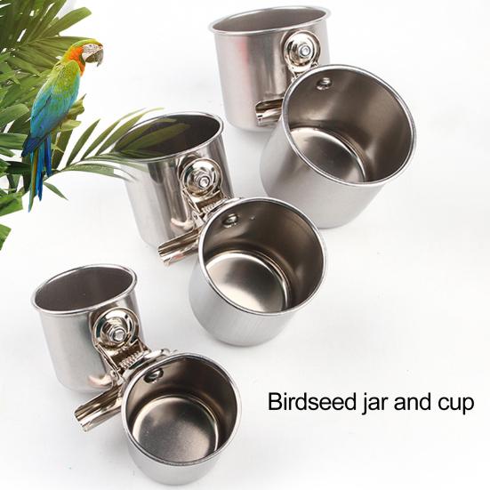 Yousheng Bird Feed Can Cup with Clamp Stainless Steel Parrot Feeder Water Bowl Anti-Gnawing Easy to Install Bird Cage Food Box