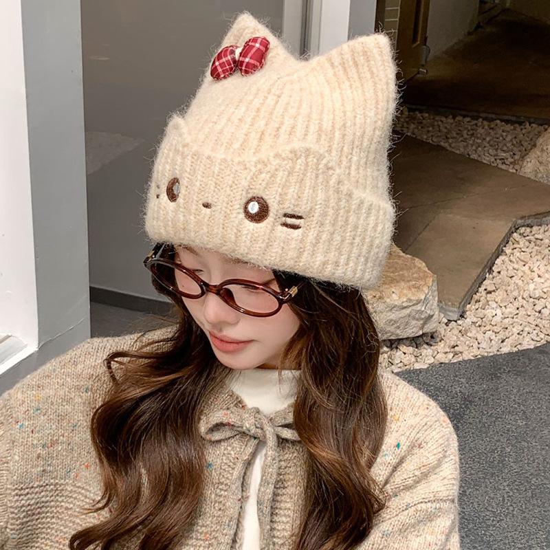 Internet Celebrity Cute Cat Knitted Wool Hat Women's Autumn and Winter Warm Ear Protection Pullover Hat Outdoor Versatile Cold Hat