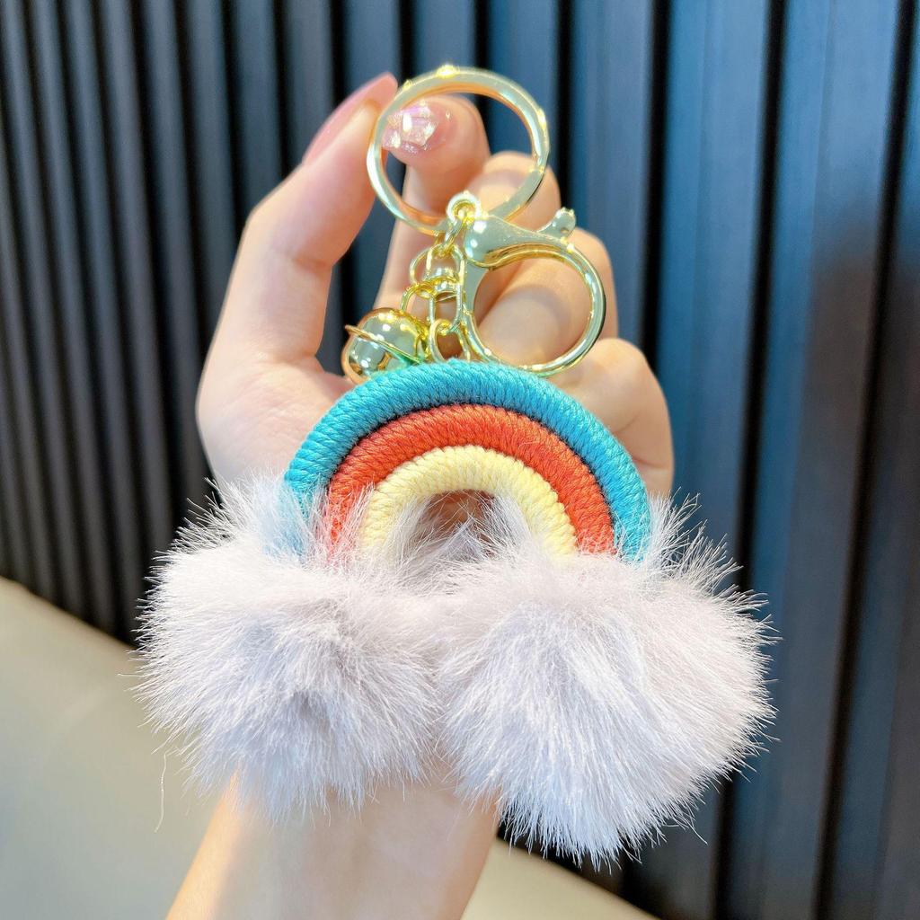 Boho Rainbow Cloud Keychain with Pom Poms & Tassels - Cute Bag Charm Accessory