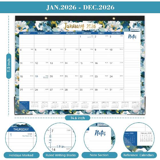 2026 Desk Calendar - JAN 2026 - DEC 2026, 2026 Calendar, Large Desk Calendar with Corner Protectors, 18-Month Calendar with Reference Calendars, for