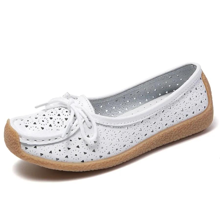 Women's Leather Large-sized Sandals, Summer Casual Flat, Lightweight, Perforated, Breathable and Anti-slip Loafers for Mothers