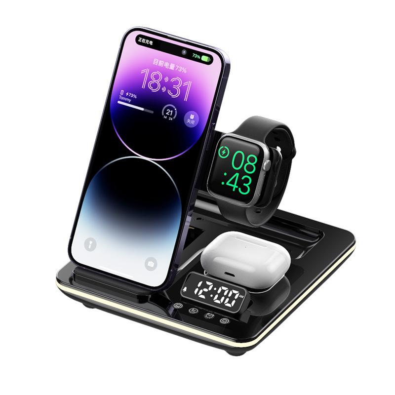 Foldable 3 in 1 Wireless Charger Station with Digital Clock Display Fast Charging Magnetic Stand