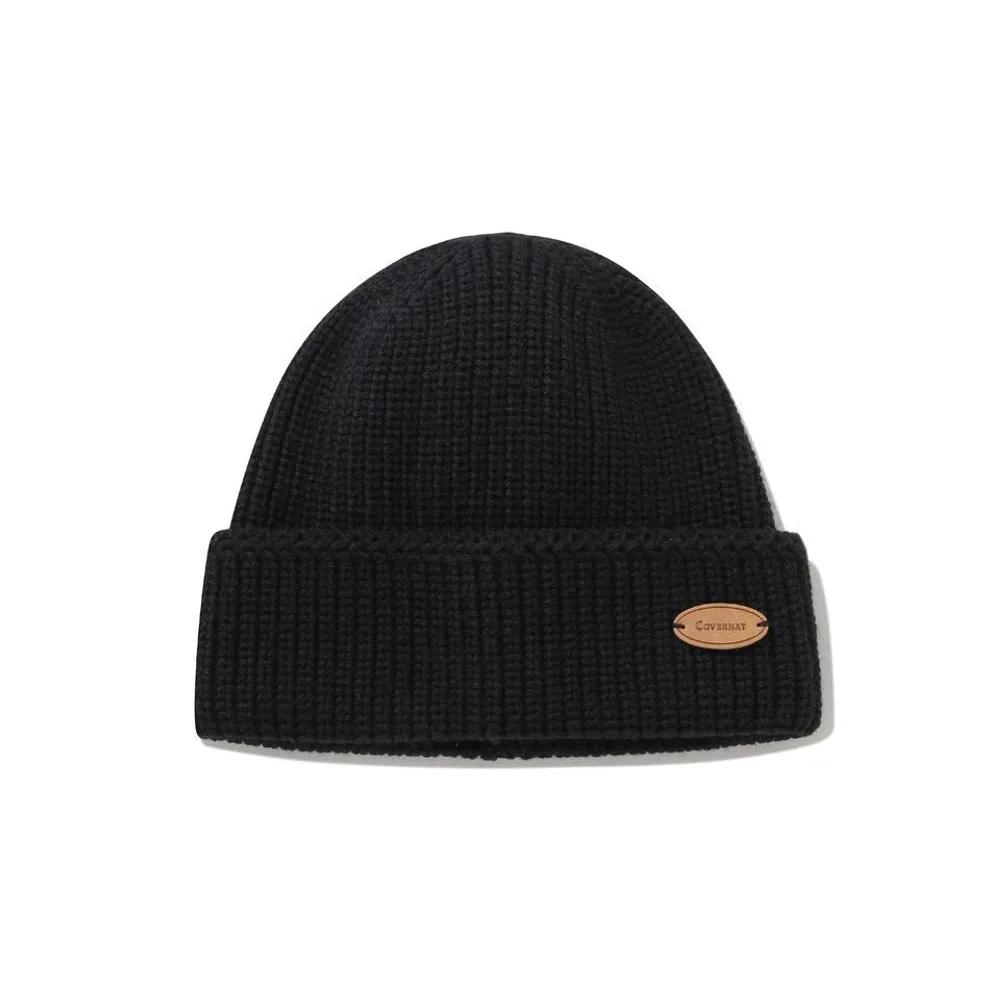 Black Cap Authentic Leather Patch Acrylic Beanie F