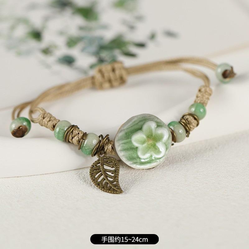 Retro ceramic flower woven bracelet niche literary hand rope small fresh bell bracelet female