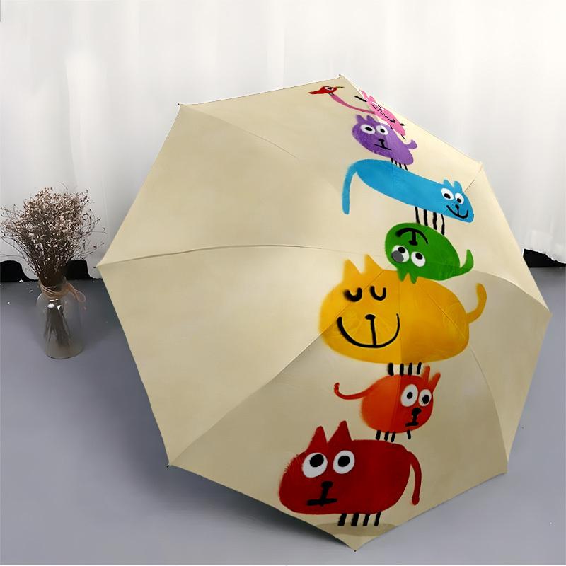 1pc Colorful Cats Pyramid Automatic Folding Umbrella Automatic Open/Close, 8-Rib Durable Frame, Compact Travel Umbrella Suitable001