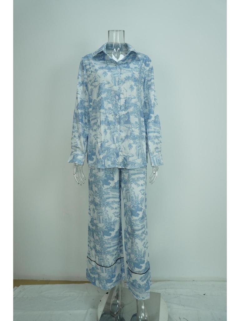 2026 Spring Women's Fashion: European & American Casual Print Lace-Up Shirt with Long Pants Set