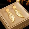 Gold Tone Palm Leaf Drop Earrings for Women