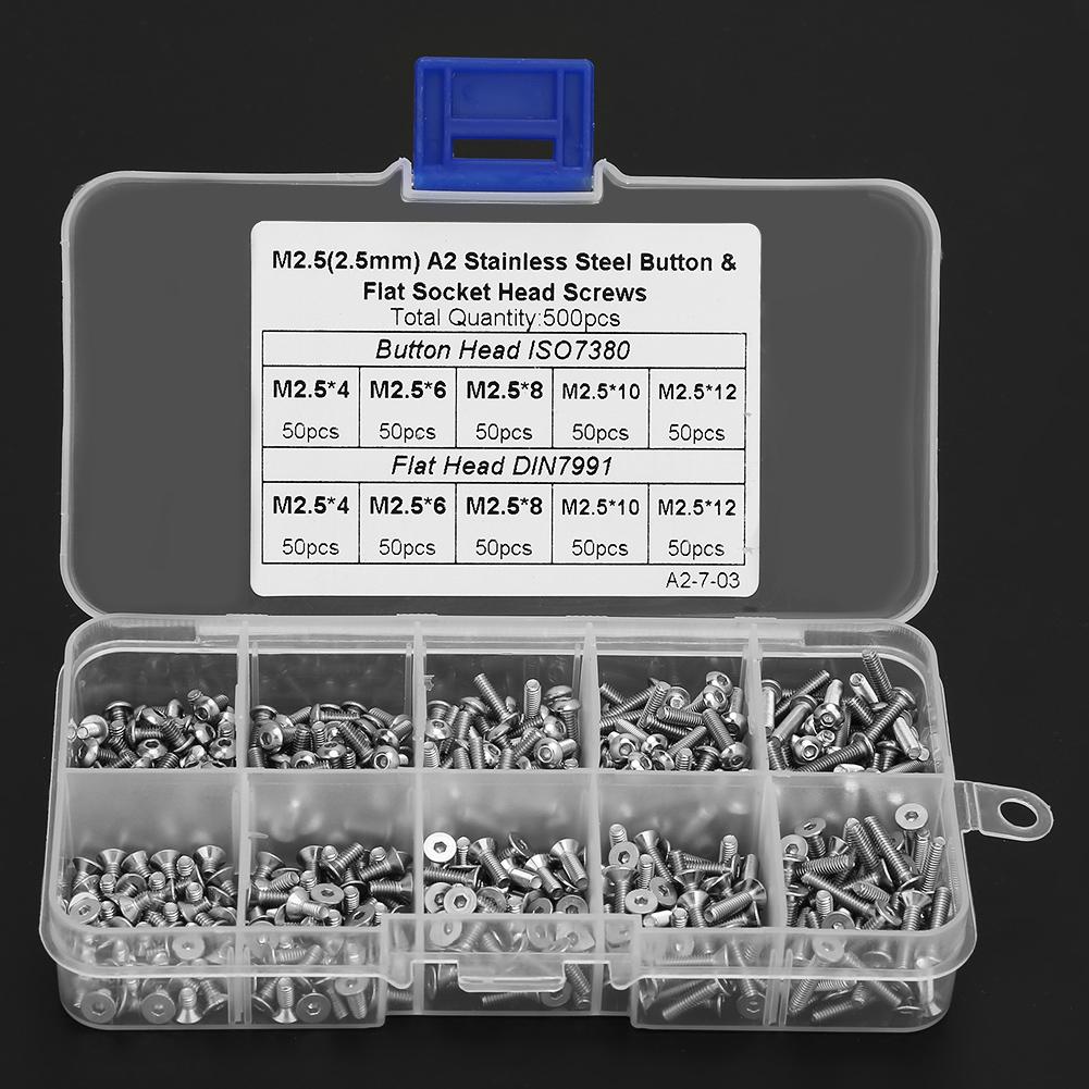 500pcs 1 Box M2.5*4\M2.5*6\M2.5*8\M2.5*10\M2.5*12 Button TFlat Head Hex Socket Screw Set