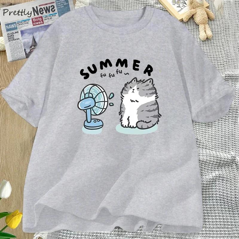 Summer Funny Cat and Fan Graphic T Shirts Women Men Short Sleeve T Shirt Harajuku Women's Clothing Female Streetwear Tops