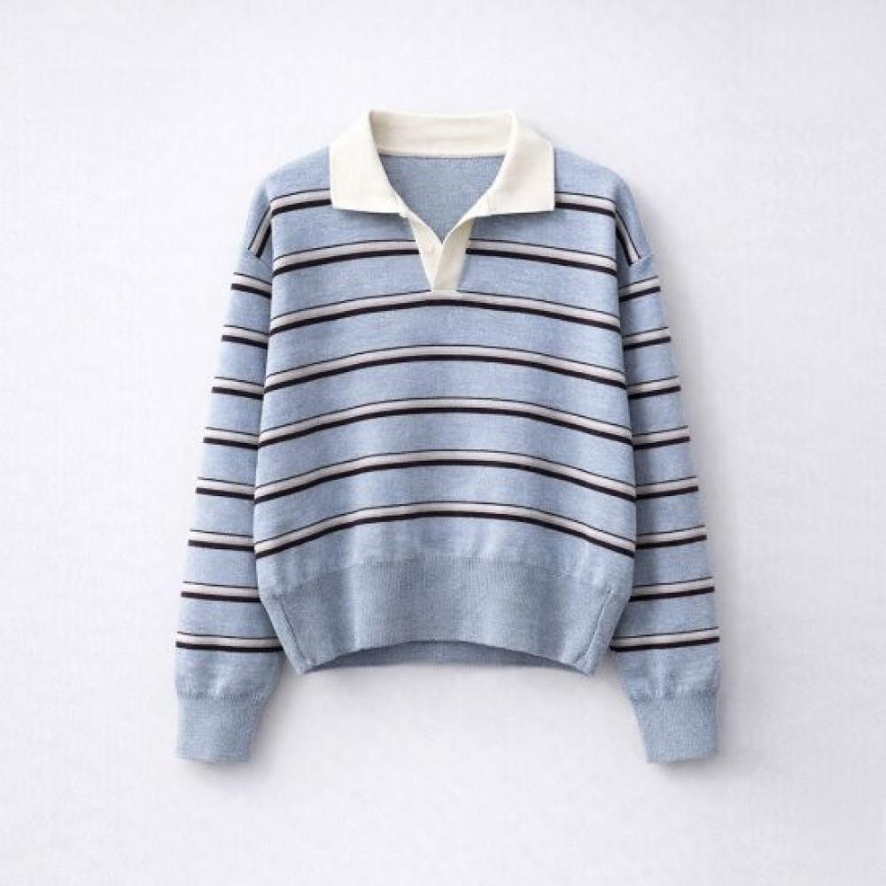 Mizqz Loose Fit Stripe Open Collar Knit Long Sleeve