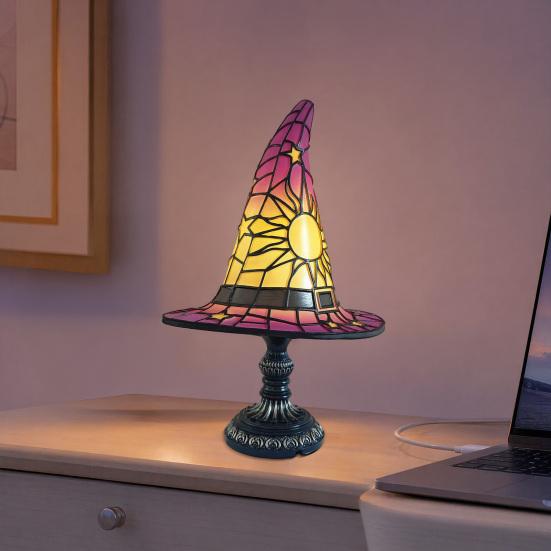 Stained Glass Witch Hat Lamp, USB Powered Night Light for Bedroom Shelf Decor, Halloween Warm Glow Gothic Table Lamp for Home
