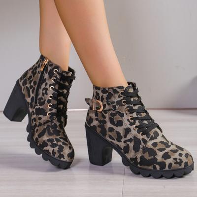 2024 Fashion Lace Up Women's Boots Winter Round Head Leopard Pattern Short Tube Thick Heel Zipper Plus Size Fashion Boots