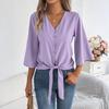 Damen Chiffon Bluse Lässig V-Ausschnitt Dreiviertelarm Knopfleiste Knoten Front Top