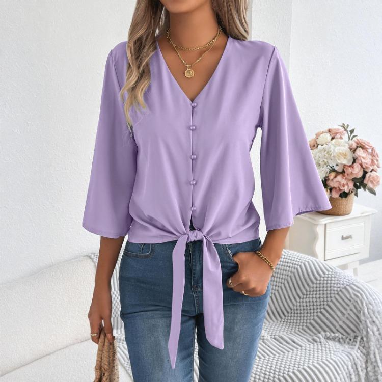 Damen Chiffon Bluse Lässig V-Ausschnitt Dreiviertelarm Knopfleiste Knoten Front Top