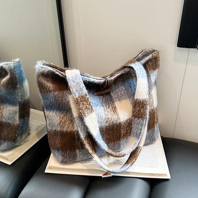 Freizeit Kariert Kontrastfarbe Tragetasche für Damen Herbst Winter Große Kapazität Tweed Handtasche Beliebt Vielseitig Weibliche Achseltasche