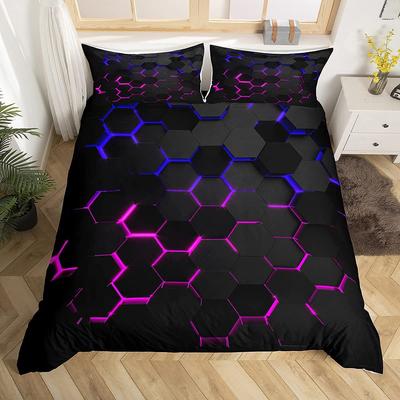 Pink Blue Neon Light Three-Piece Quilt Cover Digital Printing Bedding Set Honeycomb Bed Cover