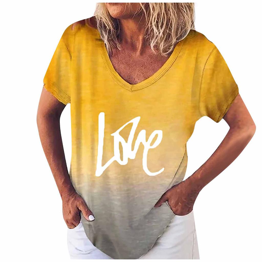 Women's casual short-sleeved V-neck gradient positioning printing T-shirt top