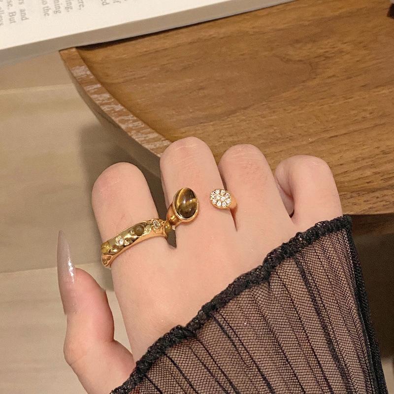 18k Gold Plated Tiger Eye Open Ring - Retro, High-End, Versatile Fashion Jewelry.