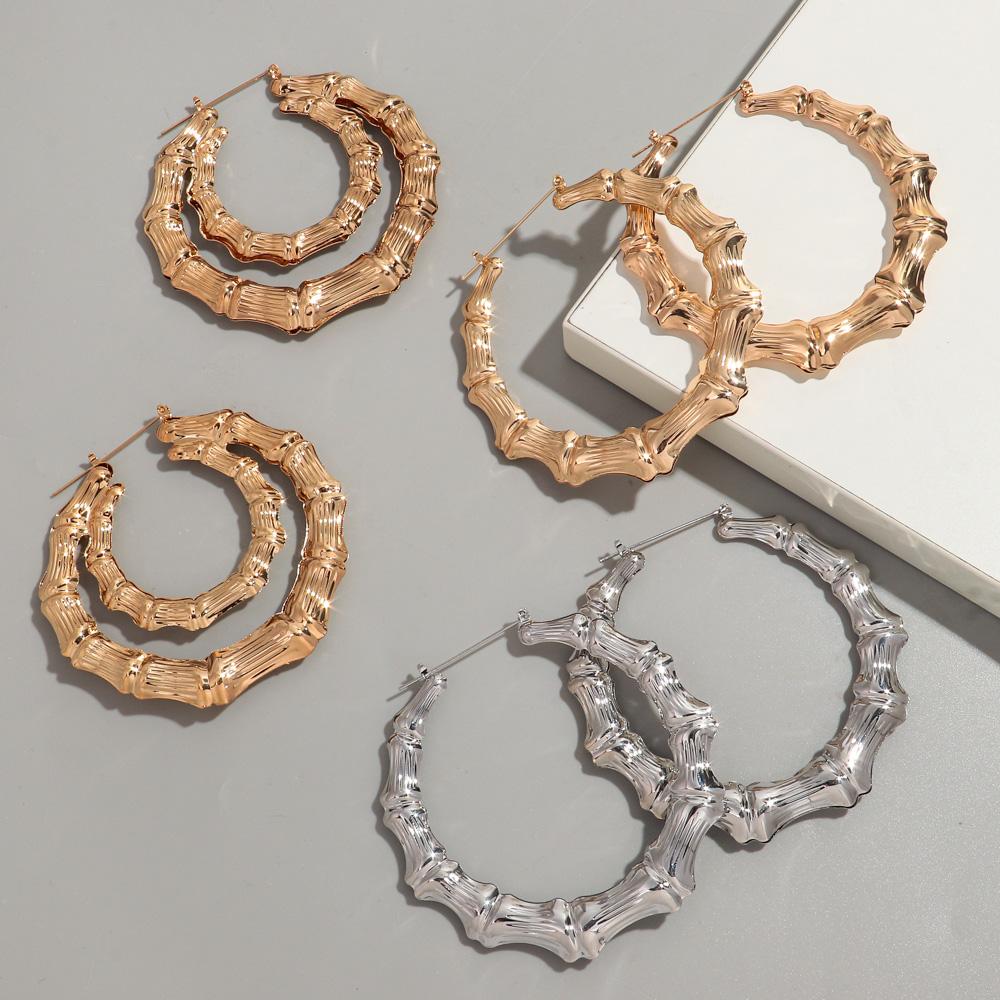 HipHop Gold Sliver Color Bamboo Round Hoop Earrings for Women Statement Big Circle Heart Star Geometric Earings Party Jewelry