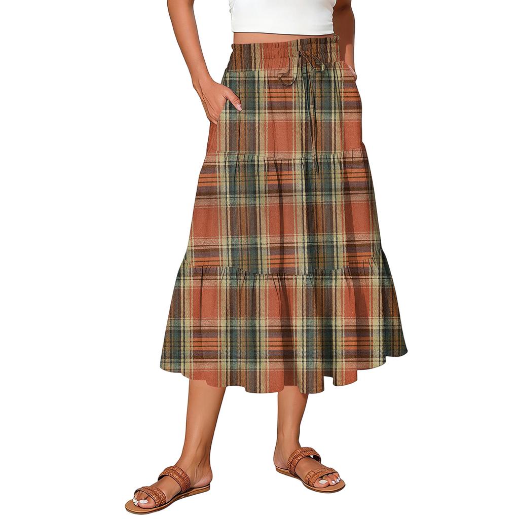 Ladies' Plaid Printed Casual Elastic Waist Drawstring Skirt