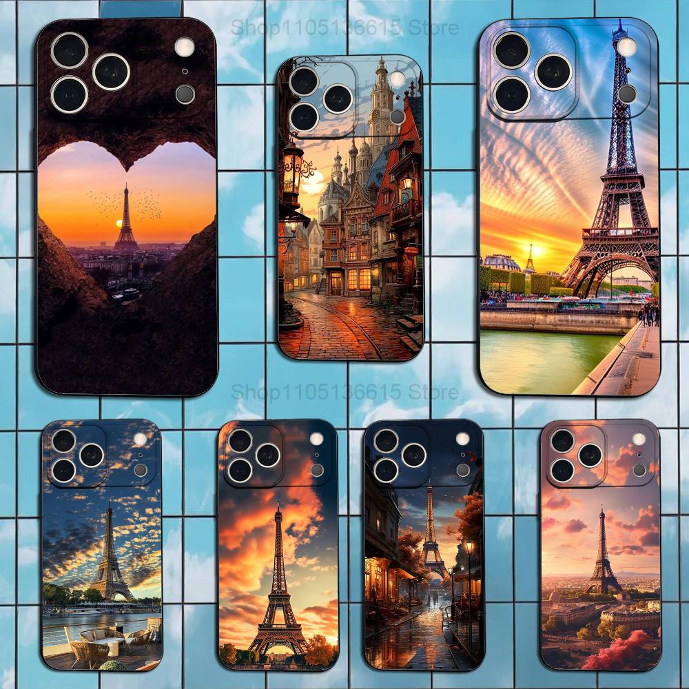 Eiffel Tower landscape For iPhone 13,17,11,12,16,14,15,Plus,Pro Max,XS,X,XR,SE,Mini,8,7,Soft Silicone Black Phone Case