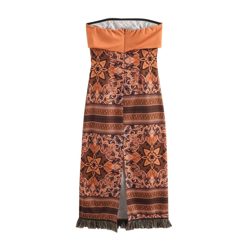 2025 Spring Strapless Tassel Dress - European & American Slim Ethnic Style for Women