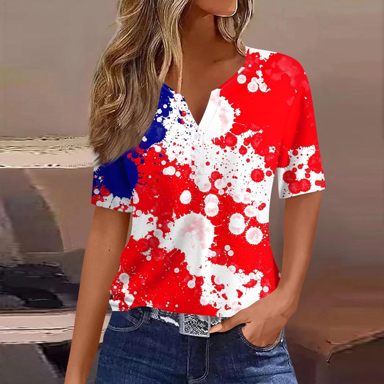 

Women s T Shirt Tee Print Button Short Sleeve Daily Weekend Fashion Basic V- Neck Regular Top XL червоний