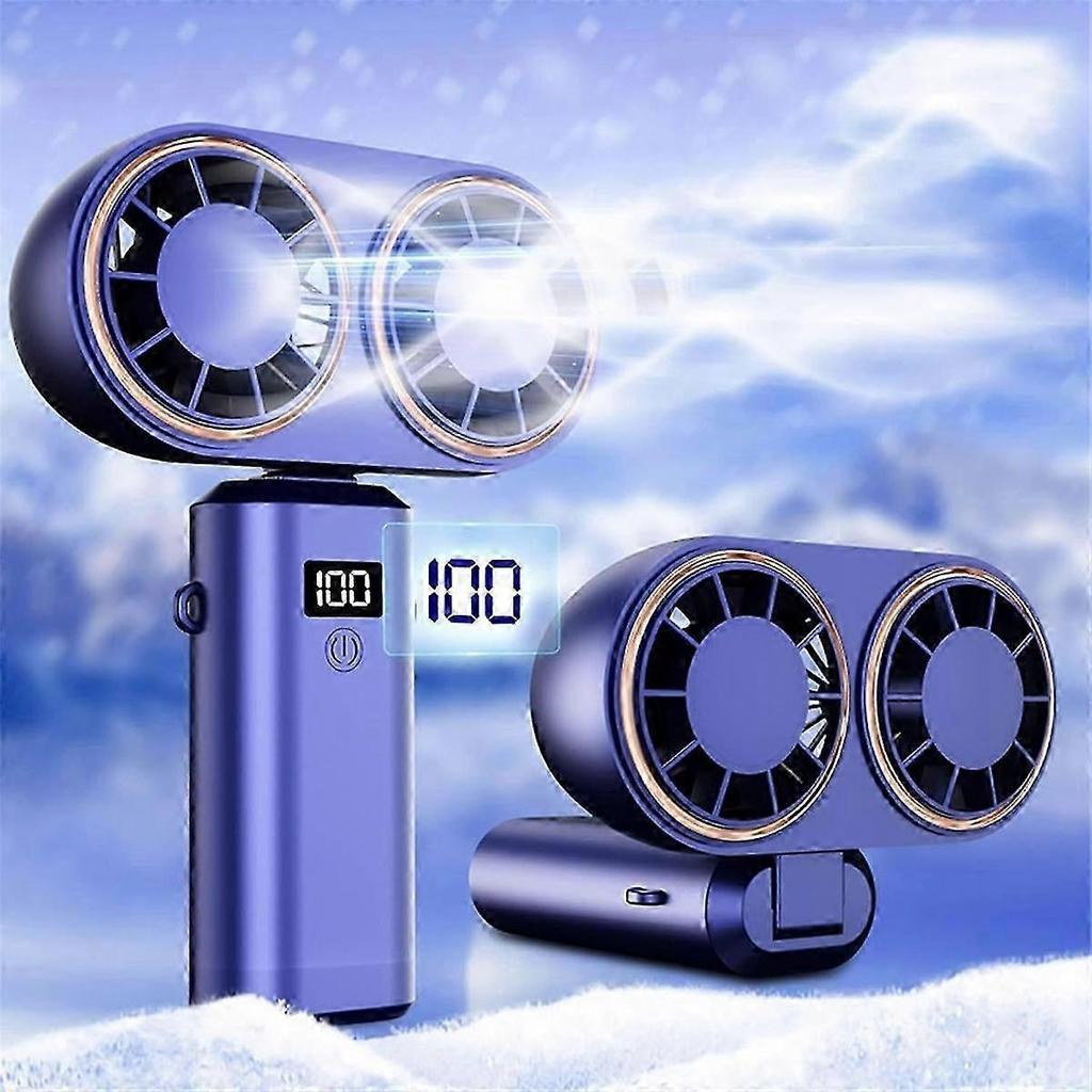 Portable Handheld Fan USB Charging Cooler Dual Fan Digital Display Rechargeable Battery Royal Blue