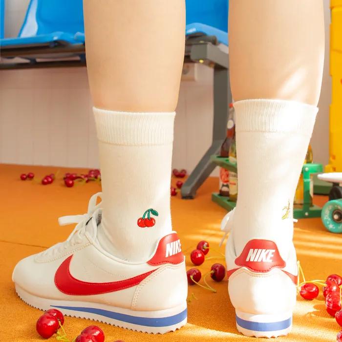 Cherry Embroidered Socks - White
