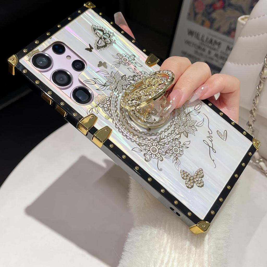 for Samsung Galaxy S25 Ultra Glitter Kickstand Case, Cute Luxury 3D Bling Sparkly Floral Diamond Butterfly with Ring Stand Elegant Shockproof Women