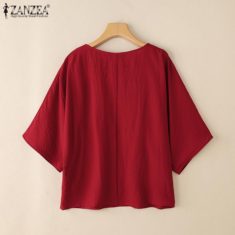 ZANZEA Women Casual 3/4 Sleeve Summer Loose Stripe Blouse