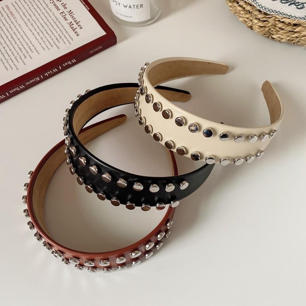 Vintage Wide Brim Hair Hoop PU Leather Face Wash Headwear Cool Rivet Headband Outdoor
