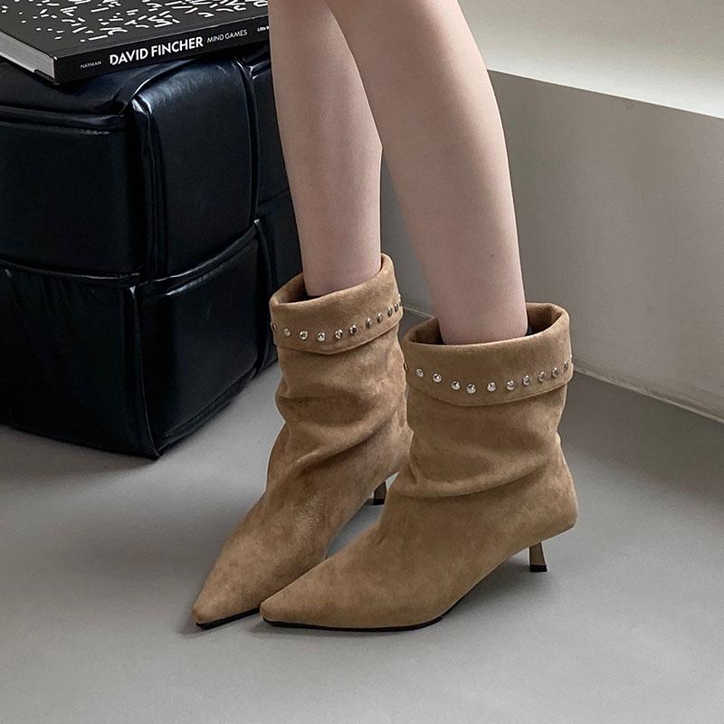 Fashion Female Pointed Toe Ladies Ankle Boots Shoes With Thin Heels Shoes Fashion Metal Rivet Footwear Women Short Boots Pumps