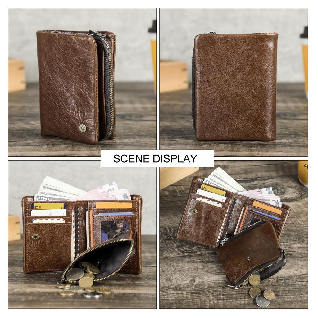 Men Genuine Leather Bifold Short Wallet RFID Blocking Zipper Coin Pocket