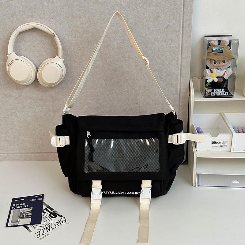 School bag, college style, versatile, simple and large-capacity class, mail carrier bag, student transparent one-shoulder casual oblique span bag