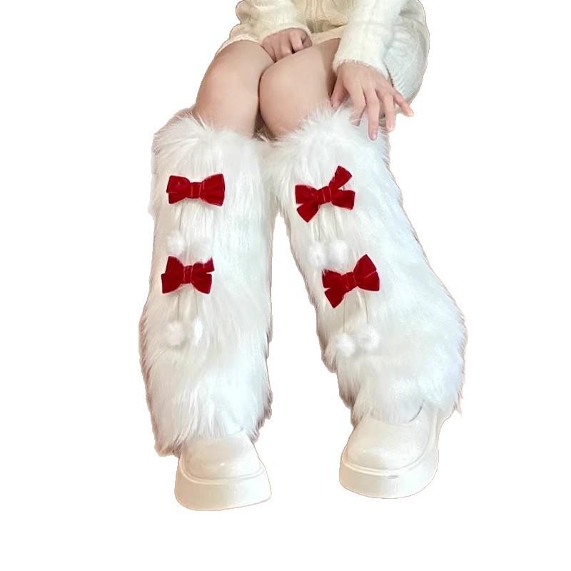 New Year'S Red Plush Leg Cover Autumn And Winter Warm Stacking Socks Spice Girl Fur Calf Socks Bow Fluffy Socks Cover