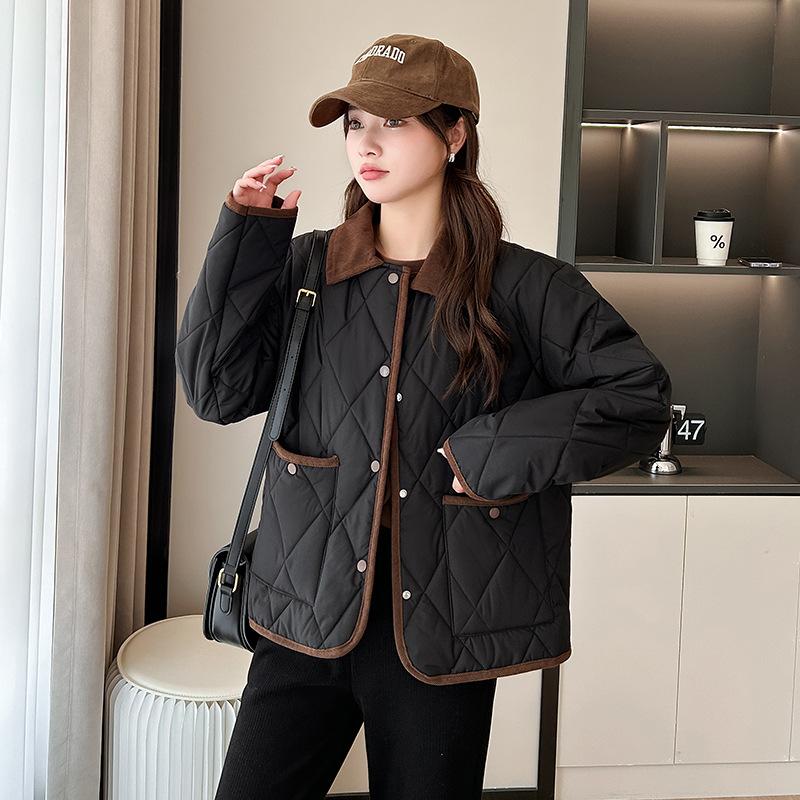 

Retro rhombus padded jacket women s winter new lapel padded jacket small short padded jacket XL чёрный