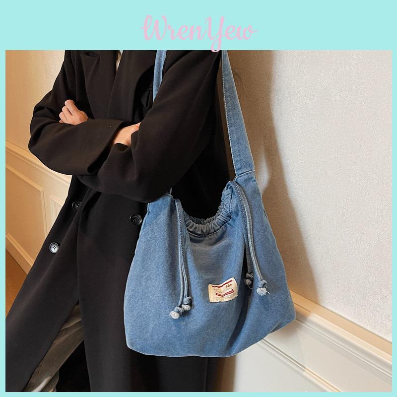 Drawstring Denim Tote Bag For Women With Tophandle Design And Large Capacity For Daily Use