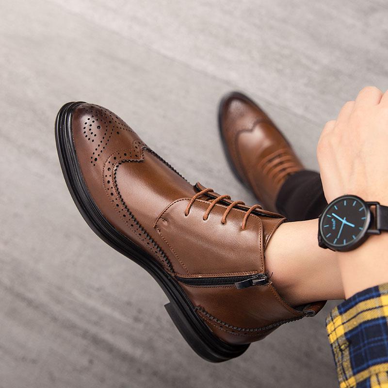 Men Black Ankle Boots Motorcycle Casual Brown Brogues Waterproof Men’s Street Style Boots Wingtip Dress Formal Leather Boots